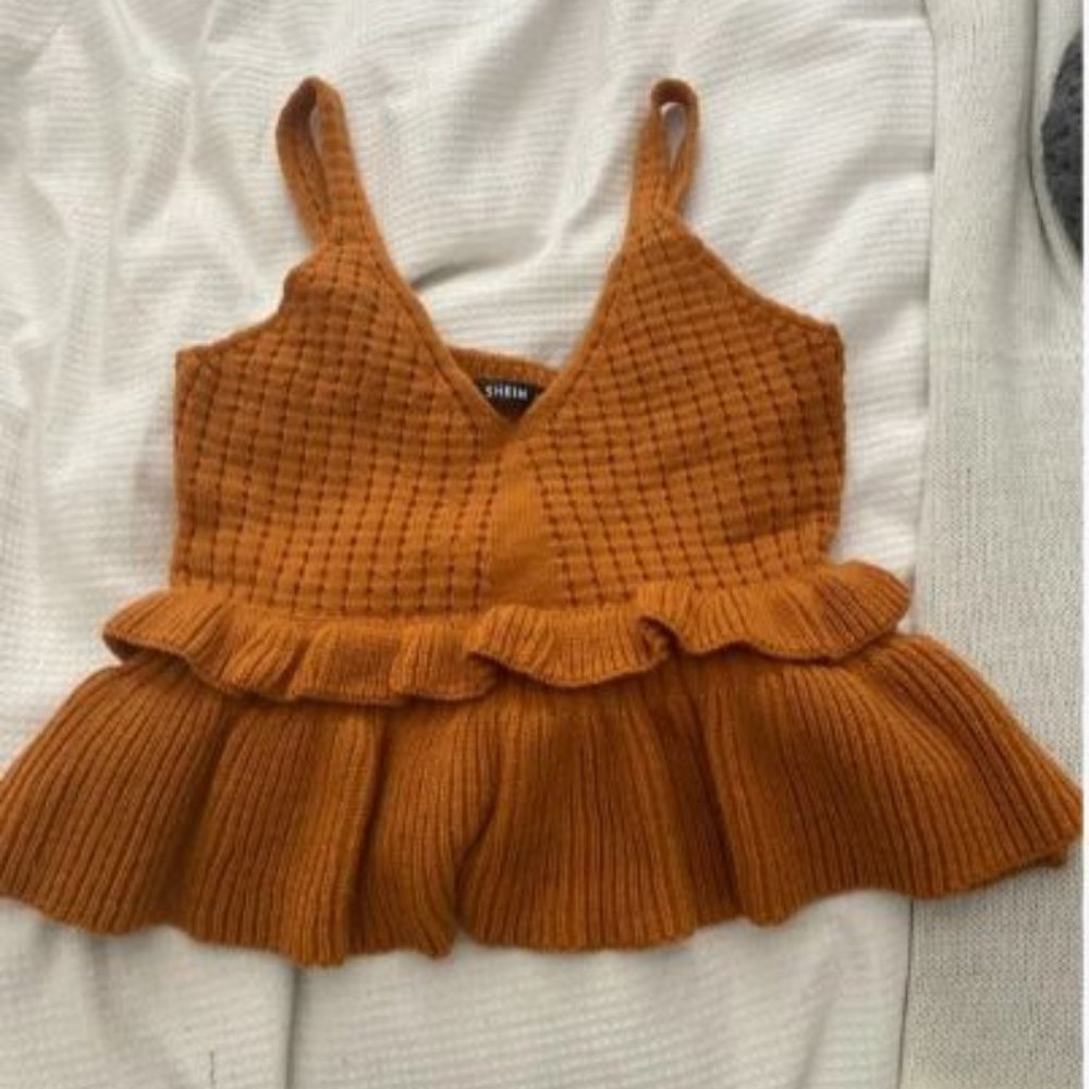 Mustard Solid Ruffle Hem Peplum Knit Top